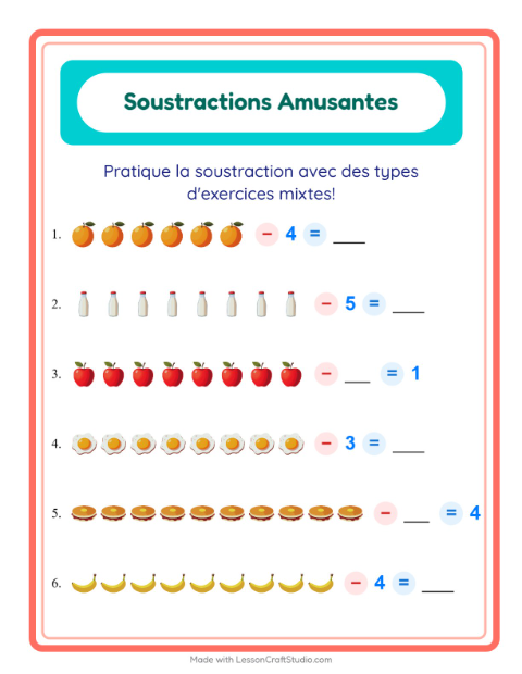 Aperçu de la fiche Soustraction avec Petit-déjeuner pour École maternelle (grande section, 5-7 ans)