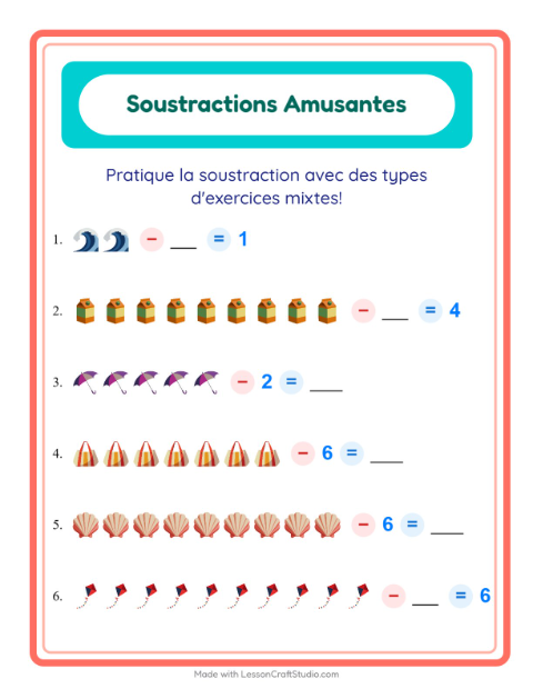 Aperçu de la fiche Soustraction avec Plage pour École maternelle (grande section, 5-7 ans)