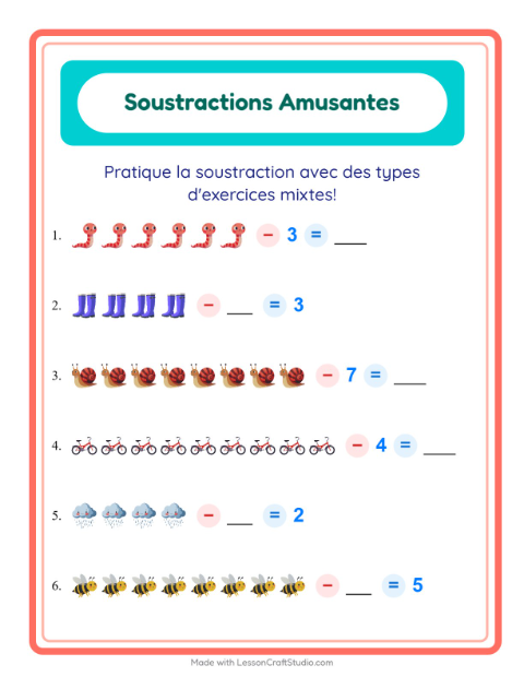 Aperçu de la fiche Soustraction avec Printemps pour École maternelle (grande section, 5-7 ans)