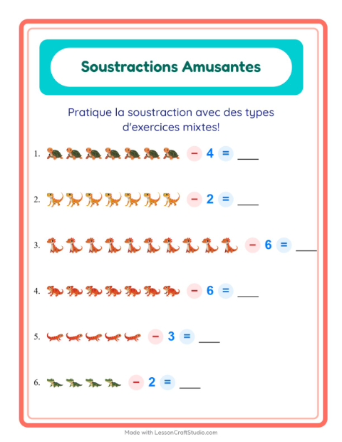 Aperçu de la fiche Soustraction avec Reptiles et amphibiens pour École maternelle (grande section, 5-7 ans)