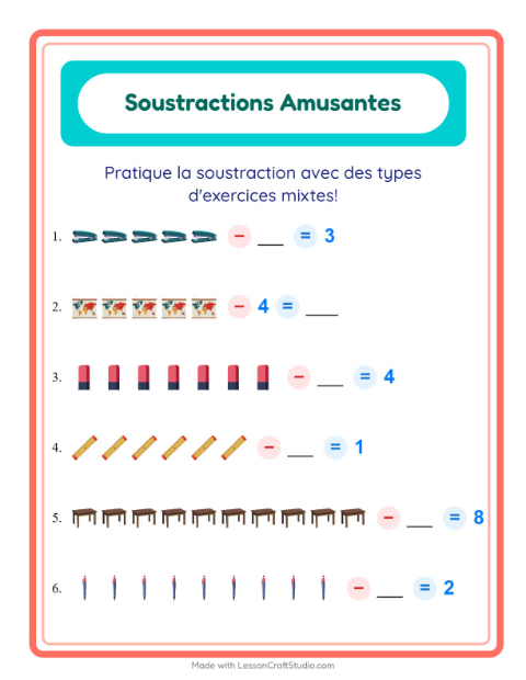 Aperçu de la fiche Soustraction avec Salle de classe pour École maternelle (grande section, 5-7 ans)