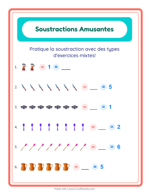 Aperçu de la fiche Soustraction avec Ustensiles de cuisine pour École maternelle (grande section, 5-7 ans)