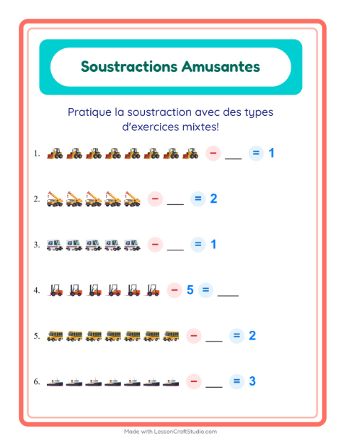 Aperçu de la fiche Soustraction avec Véhicules pour École maternelle (grande section, 5-7 ans)