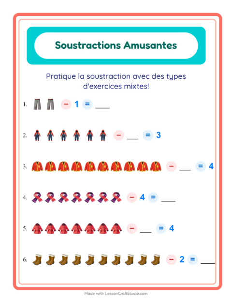 Aperçu de la fiche Soustraction avec Vêtements pour École maternelle (grande section, 5-7 ans)