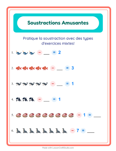 Aperçu de la fiche Soustraction avec Vie océanique pour École maternelle (grande section, 5-7 ans)