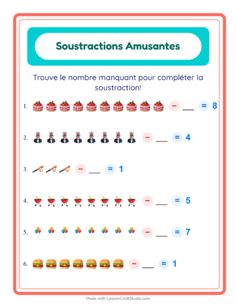 Aperçu de la fiche Soustraction avec 4 juillet pour École maternelle (grande section, 5-7 ans)