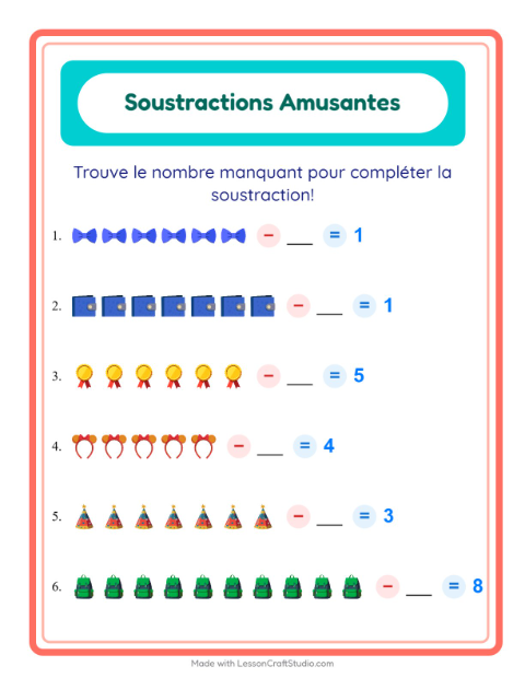 Aperçu de la fiche Soustraction avec Accessoires pour École maternelle (grande section, 5-7 ans)