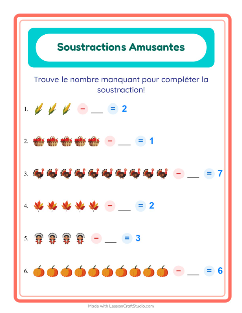 Aperçu de la fiche Soustraction avec Action de grâce pour École maternelle (grande section, 5-7 ans)