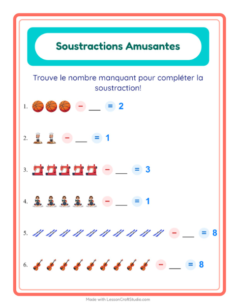 Aperçu de la fiche Soustraction avec Activités pour École maternelle (grande section, 5-7 ans)