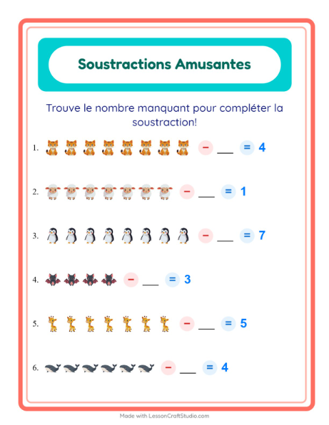 Aperçu de la fiche Soustraction avec Animaux pour École maternelle (grande section, 5-7 ans)
