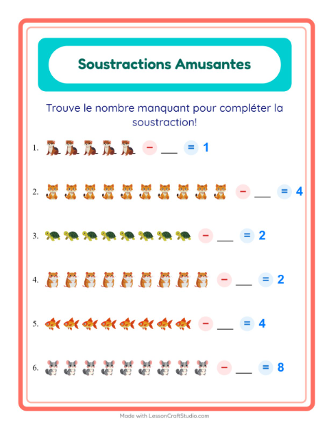 Aperçu de la fiche Soustraction avec Animaux de compagnie pour École maternelle (grande section, 5-7 ans)