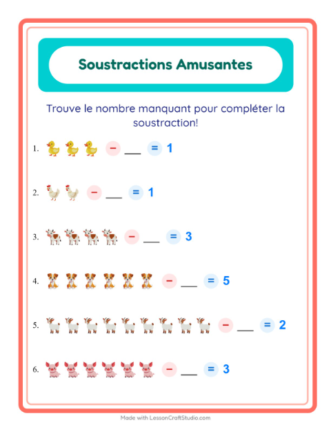 Aperçu de la fiche Soustraction avec Animaux de la ferme pour École maternelle (grande section, 5-7 ans)