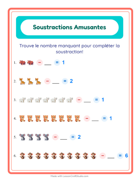 Aperçu de la fiche Soustraction avec Animaux du zoo pour École maternelle (grande section, 5-7 ans)