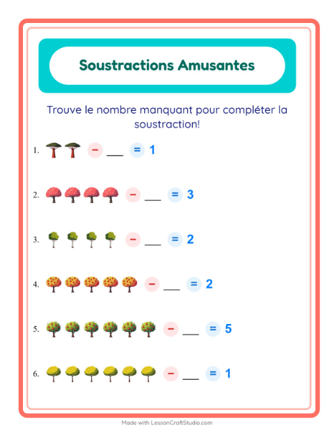 Aperçu de la fiche Soustraction avec Arbres pour École maternelle (grande section, 5-7 ans)