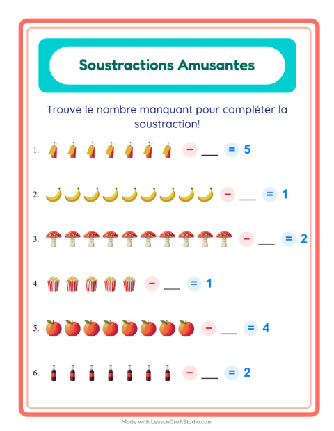 Aperçu de la fiche Soustraction avec Au supermarché pour École maternelle (grande section, 5-7 ans)