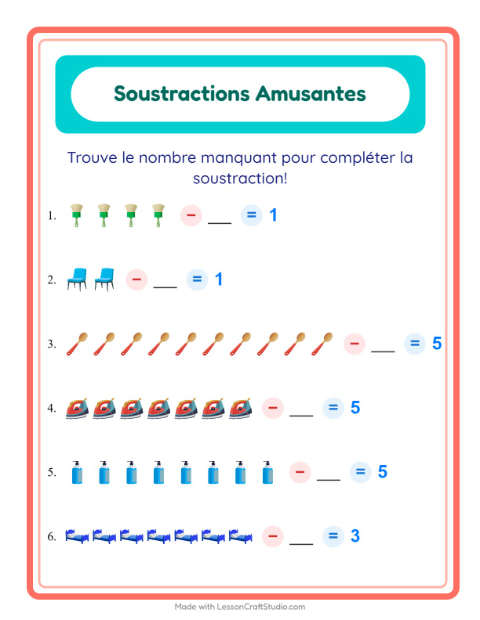 Aperçu de la fiche Soustraction avec Autour de la maison pour École maternelle (grande section, 5-7 ans)