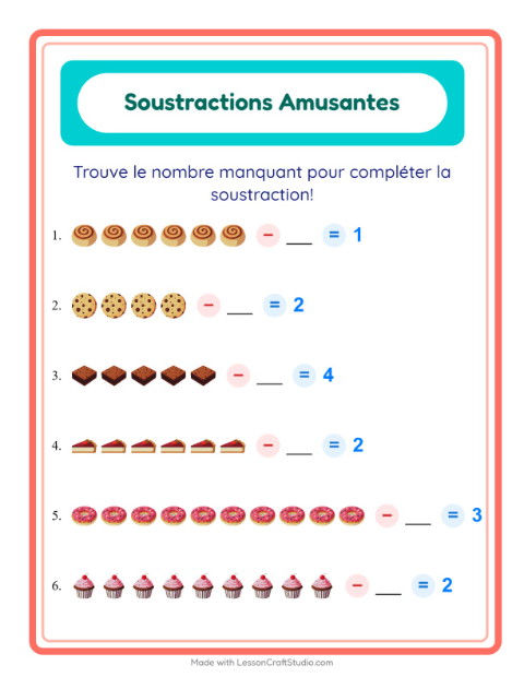 Aperçu de la fiche Soustraction avec Boulangerie pour École maternelle (grande section, 5-7 ans)