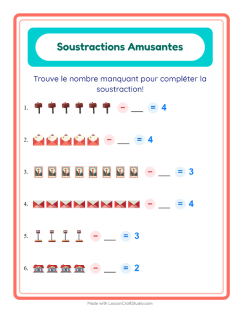 Aperçu de la fiche Soustraction avec Bureau de poste pour École maternelle (grande section, 5-7 ans)