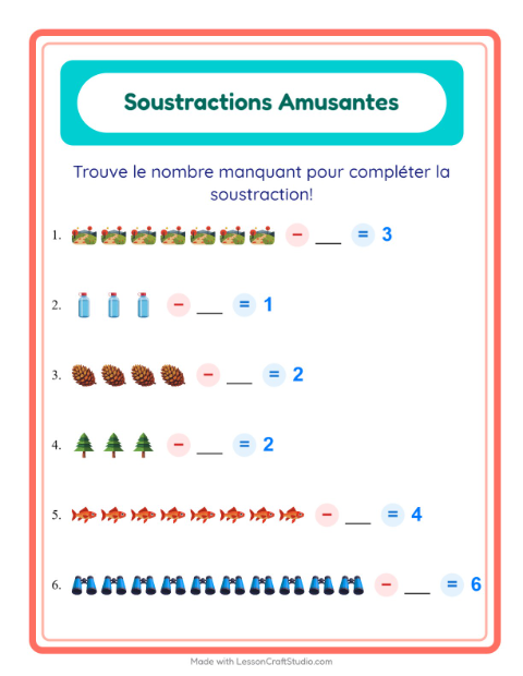 Aperçu de la fiche Soustraction avec Camping pour École maternelle (grande section, 5-7 ans)