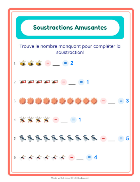 Aperçu de la fiche Soustraction avec Choses qui volent pour École maternelle (grande section, 5-7 ans)