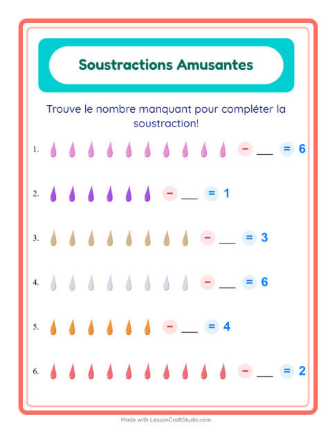 Aperçu de la fiche Soustraction avec Couleurs pour École maternelle (grande section, 5-7 ans)