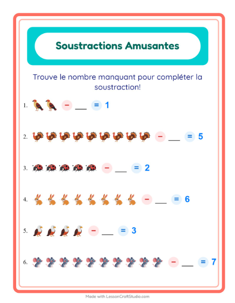 Aperçu de la fiche Soustraction avec Créatures de la forêt pour École maternelle (grande section, 5-7 ans)