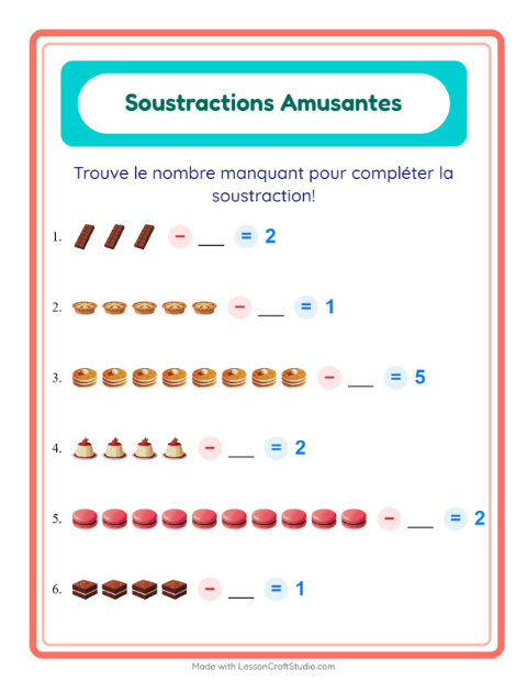 Aperçu de la fiche Soustraction avec Desserts et sucreries pour École maternelle (grande section, 5-7 ans)