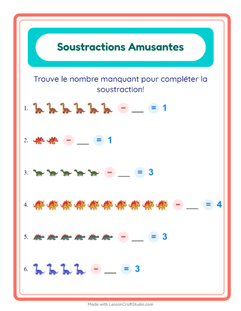 Aperçu de la fiche Soustraction avec Dinosaures pour École maternelle (grande section, 5-7 ans)