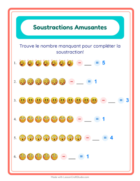Aperçu de la fiche Soustraction avec Émotions pour École maternelle (grande section, 5-7 ans)