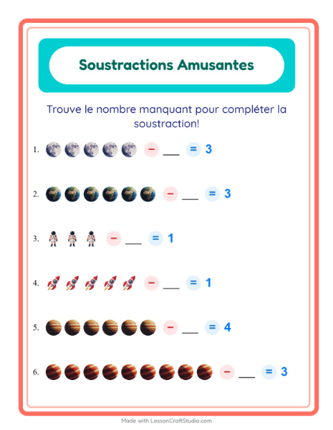 Aperçu de la fiche Soustraction avec Espace pour École maternelle (grande section, 5-7 ans)