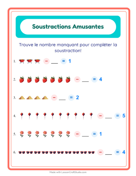 Aperçu de la fiche Soustraction avec Été pour École maternelle (grande section, 5-7 ans)