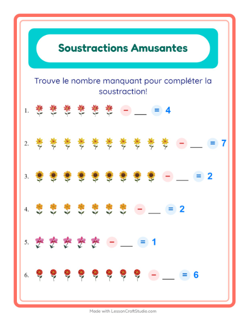 Aperçu de la fiche Soustraction avec Fleurs pour École maternelle (grande section, 5-7 ans)