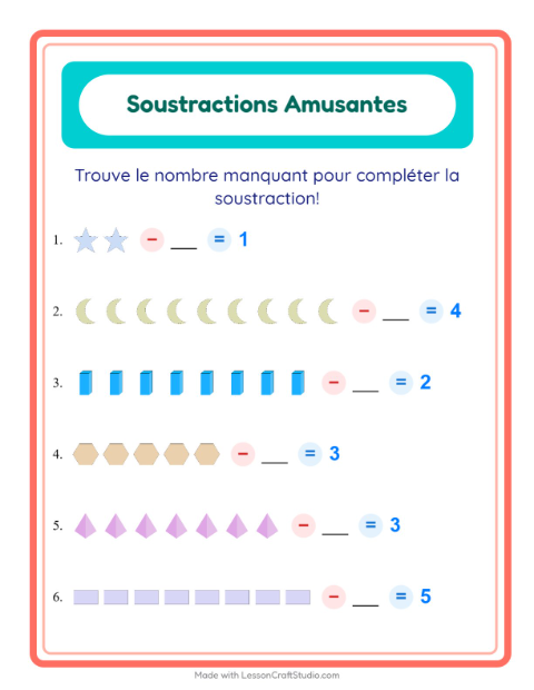 Aperçu de la fiche Soustraction avec Formes pour École maternelle (grande section, 5-7 ans)