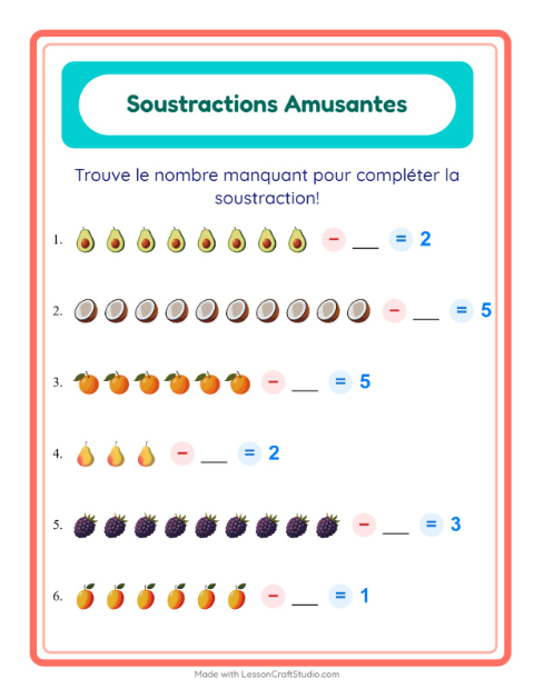 Aperçu de la fiche Soustraction avec Fruits pour École maternelle (grande section, 5-7 ans)
