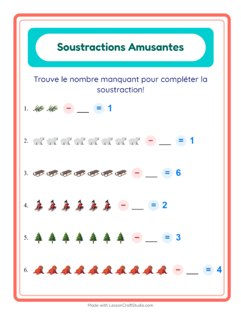 Aperçu de la fiche Soustraction avec Hiver pour École maternelle (grande section, 5-7 ans)
