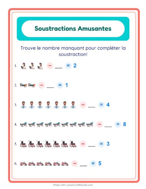 Aperçu de la fiche Soustraction avec Hôpital pour École maternelle (grande section, 5-7 ans)