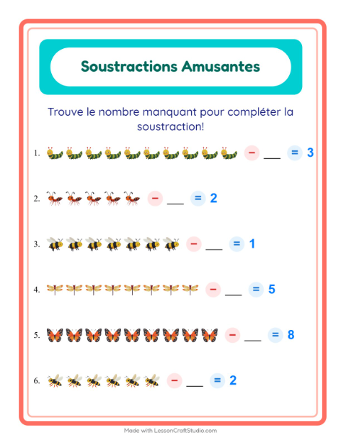 Aperçu de la fiche Soustraction avec Insectes et bestioles pour École maternelle (grande section, 5-7 ans)