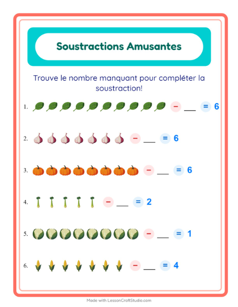 Aperçu de la fiche Soustraction avec Légumes pour École maternelle (grande section, 5-7 ans)