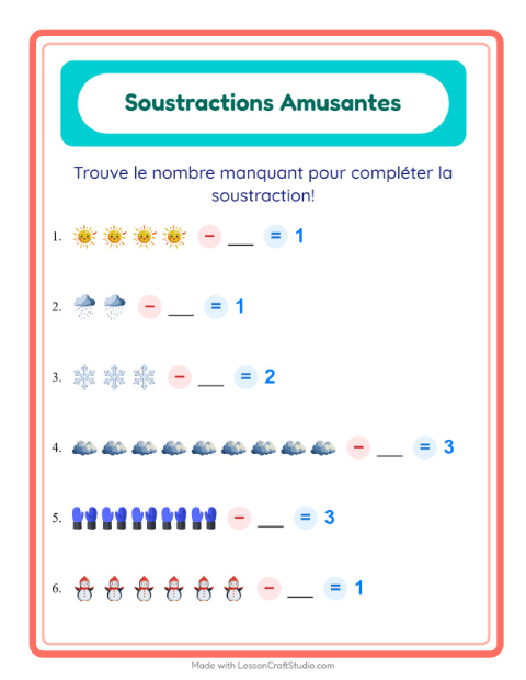 Aperçu de la fiche Soustraction avec Météo pour École maternelle (grande section, 5-7 ans)