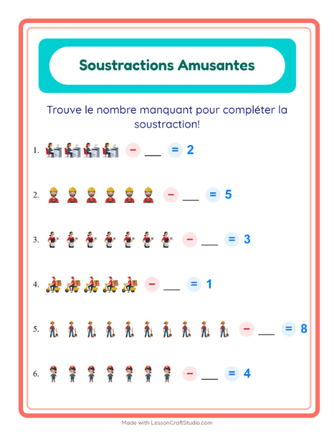 Aperçu de la fiche Soustraction avec Métiers pour École maternelle (grande section, 5-7 ans)