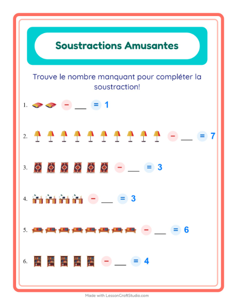 Aperçu de la fiche Soustraction avec Meubles pour École maternelle (grande section, 5-7 ans)
