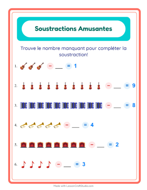 Aperçu de la fiche Soustraction avec Musique pour École maternelle (grande section, 5-7 ans)