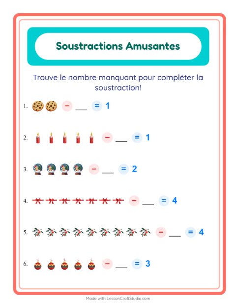Aperçu de la fiche Soustraction avec Noël pour École maternelle (grande section, 5-7 ans)