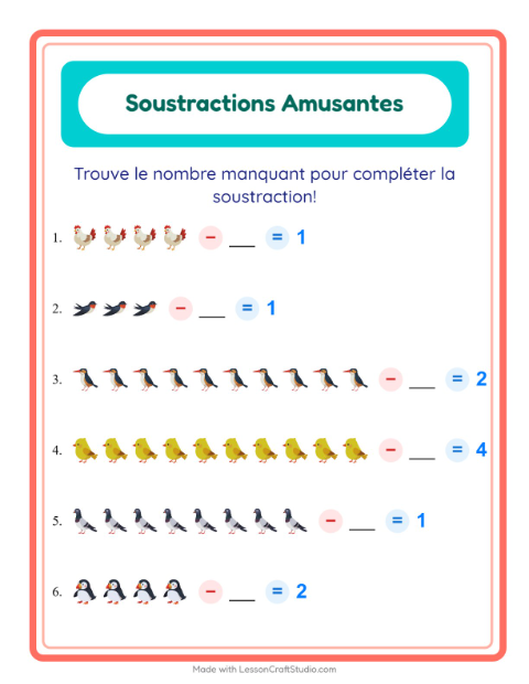 Aperçu de la fiche Soustraction avec Oiseaux 2 pour École maternelle (grande section, 5-7 ans)