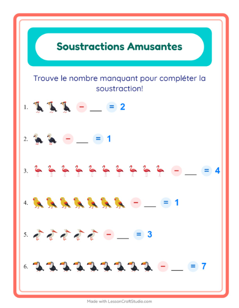 Aperçu de la fiche Soustraction avec Oiseaux pour École maternelle (grande section, 5-7 ans)