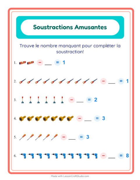 Aperçu de la fiche Soustraction avec Outils pour École maternelle (grande section, 5-7 ans)