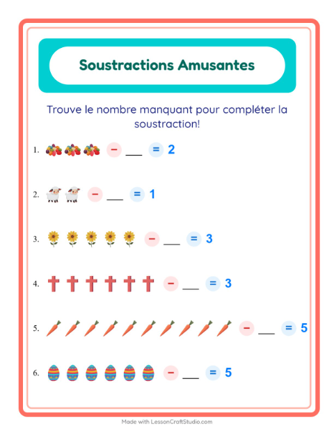 Aperçu de la fiche Soustraction avec Pâques pour École maternelle (grande section, 5-7 ans)