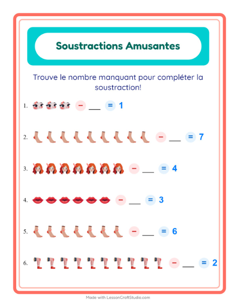Aperçu de la fiche Soustraction avec Parties du corps pour École maternelle (grande section, 5-7 ans)