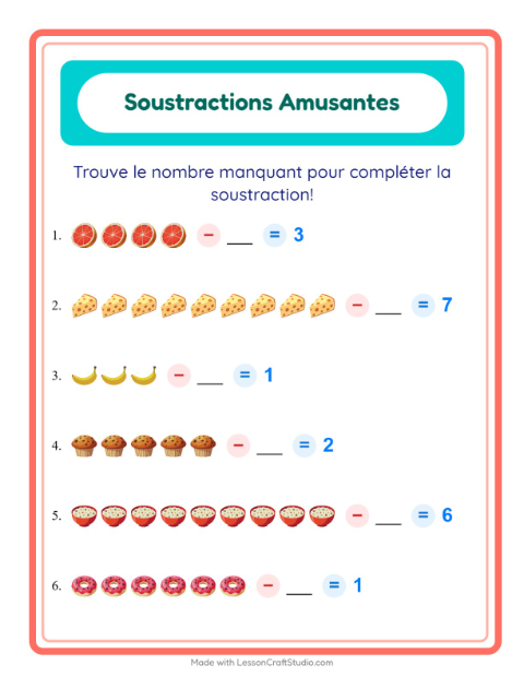 Aperçu de la fiche Soustraction avec Petit-déjeuner pour École maternelle (grande section, 5-7 ans)