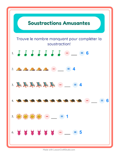 Aperçu de la fiche Soustraction avec Plage pour École maternelle (grande section, 5-7 ans)